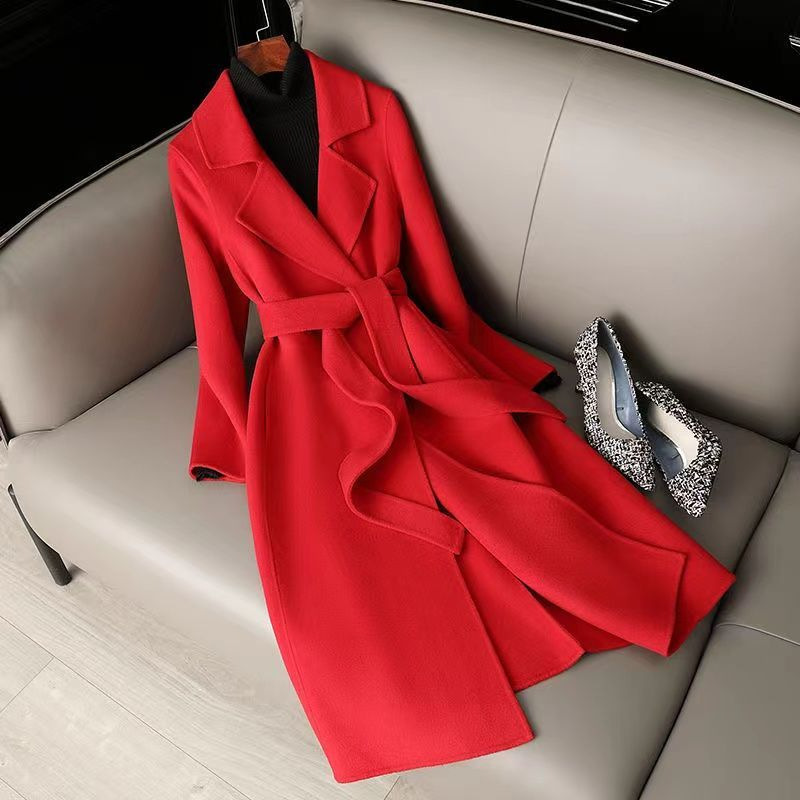 Mid-length Below The Knee Slim Fit Lace-up Woolen Coat High-end