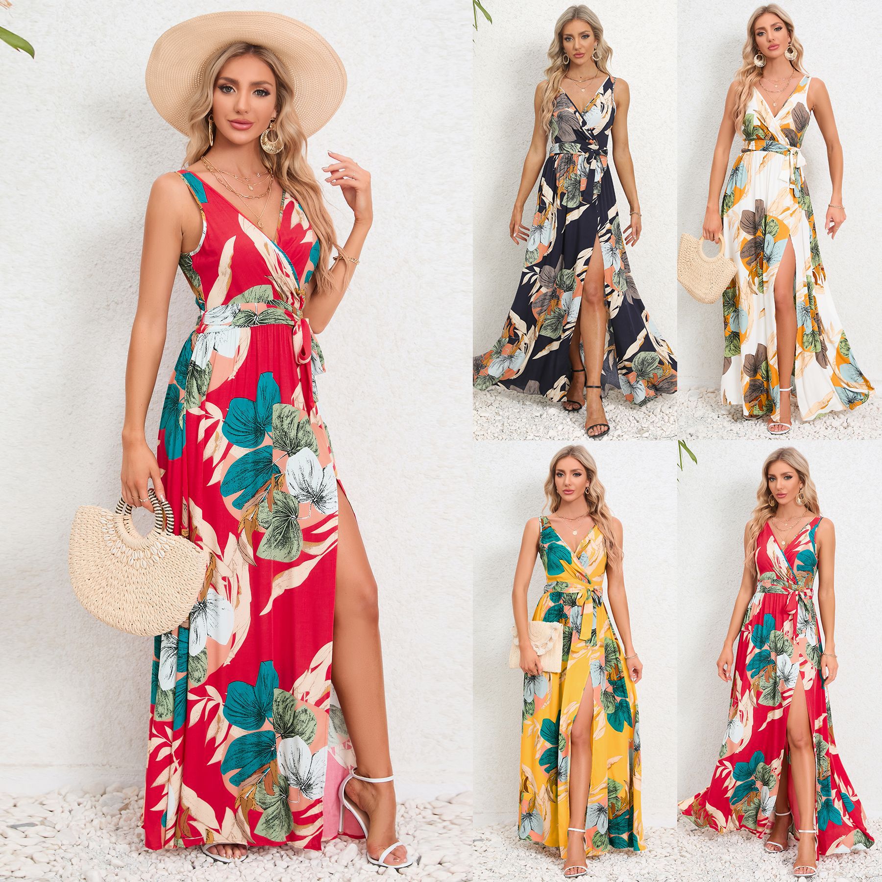 V-neck Floral Print Long Dress Summer Fashion Waist Tie Slit Design