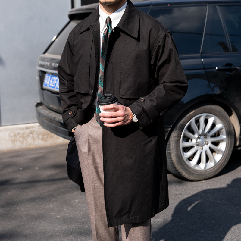 Vintage Cotton Long Trench Coat Lapel Men's