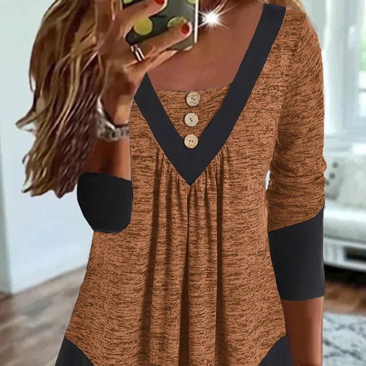 Casual V-neck Long Sleeve Loose Pullover Contrast Color Digital Printing