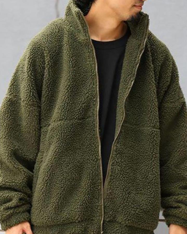 Solid Color Lamb Velvet Jacket Stand-collar Cardigan Sweater Men
