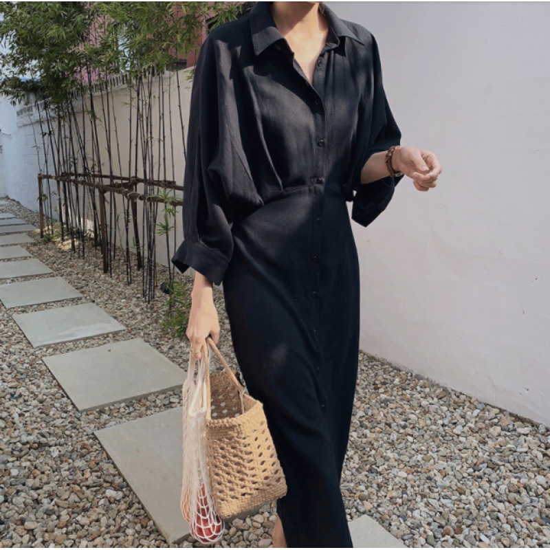 Loose Slimming Shirt Long Skirt Over The Knee French Retro Cotton Linen