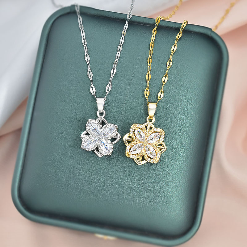 Rotatable Titanium Steel Four-petal Flower Necklace Female Inlaid Zircon