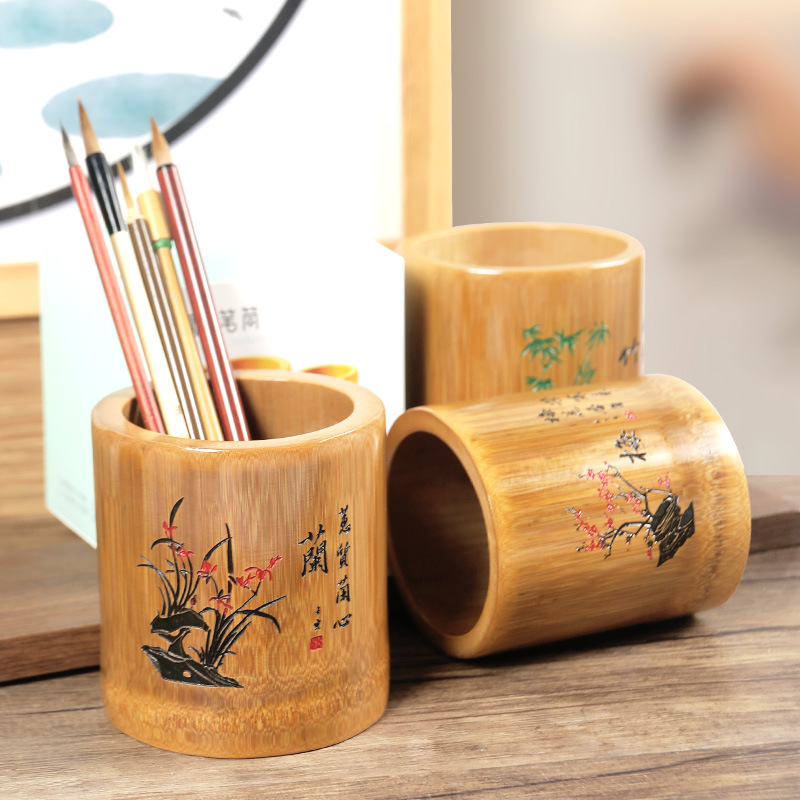 Bamboo Round Pen Container Office Desktop Creativity Ornaments