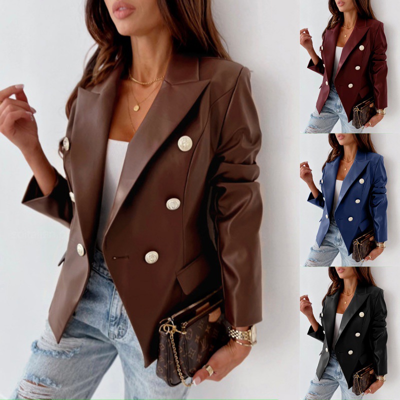 Long Sleeve Double Breasted Fashion PU Leather Suit