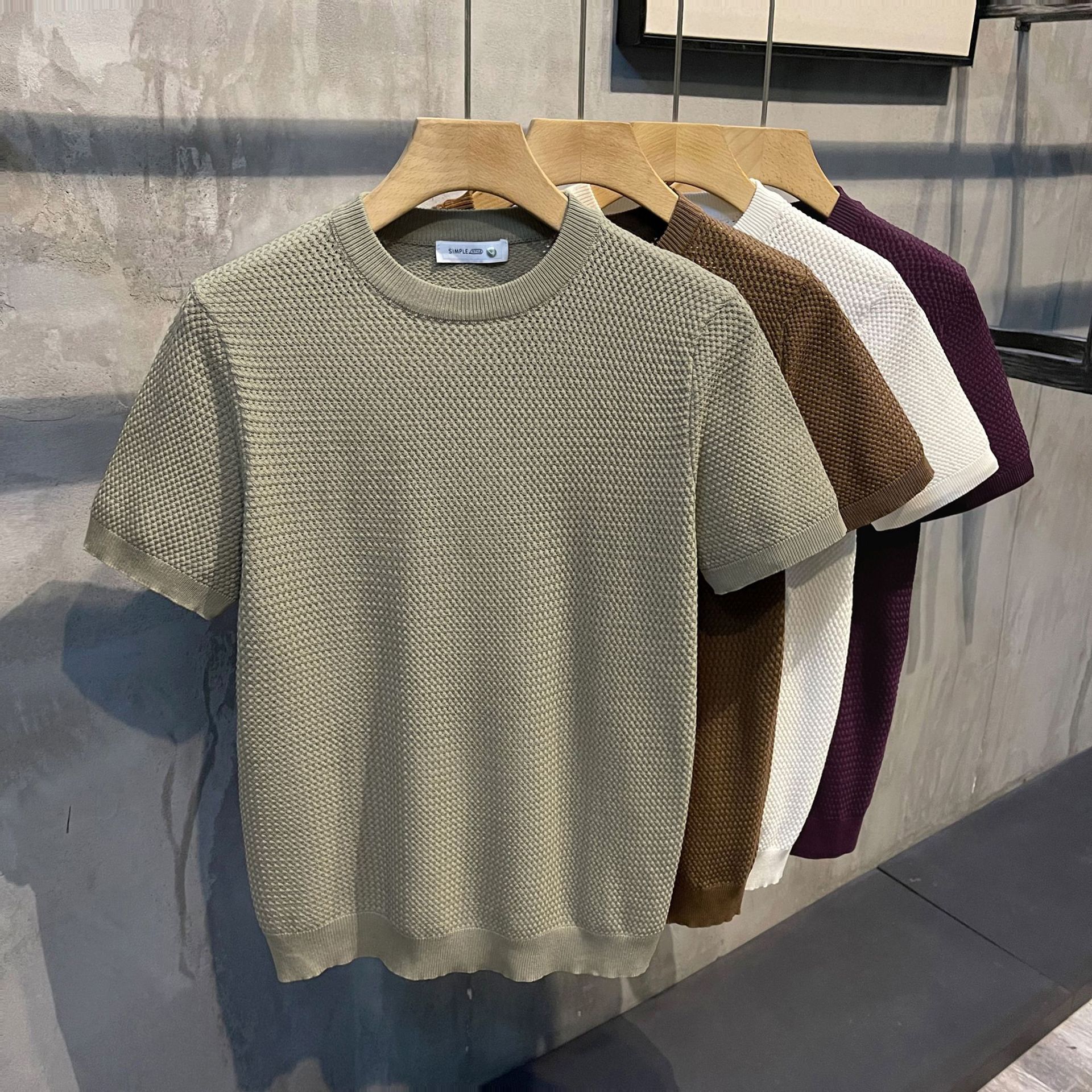 Solid Color Woven Texture Slim-fit Short-sleeved Shirt For Men