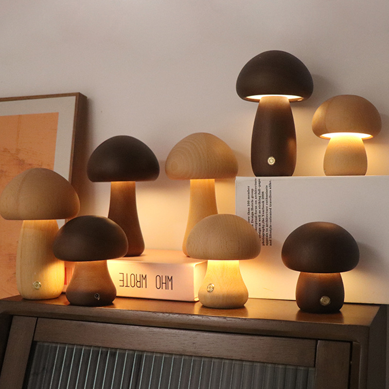 INS Wooden Cute Mushroom LED Night Light With Touch Switch Bedside Table