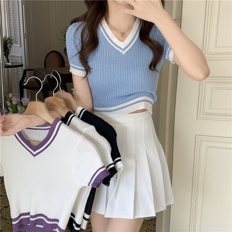 Short Slim-fit Contrast Colors V-neck Sleeve Knitwear T-shirt