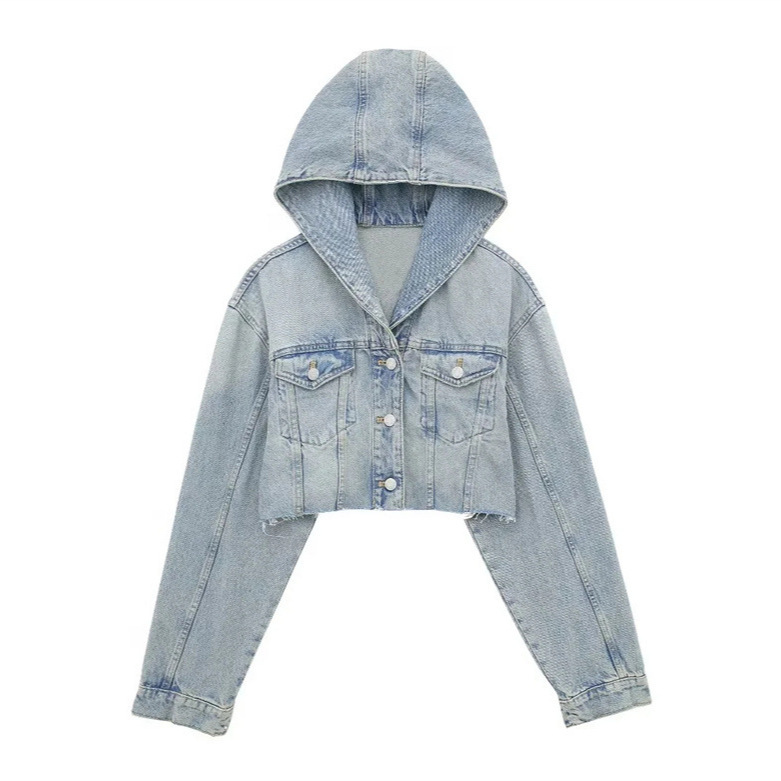 Girls Washed Frayed Hem Hooded Denim Jacket Coat