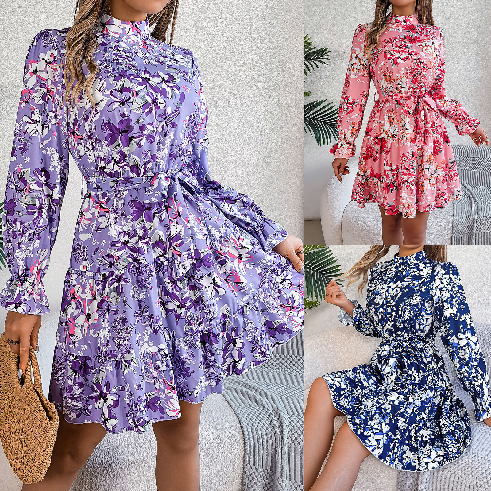 Standing Collar Floral Print Waist-controlled Long Sleeves Ruffled