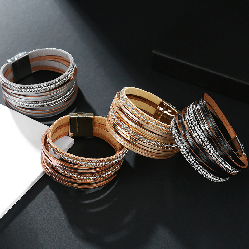 Multi-layer Genuine Leather Slim Chain Copper Tube Stick-on Crystals