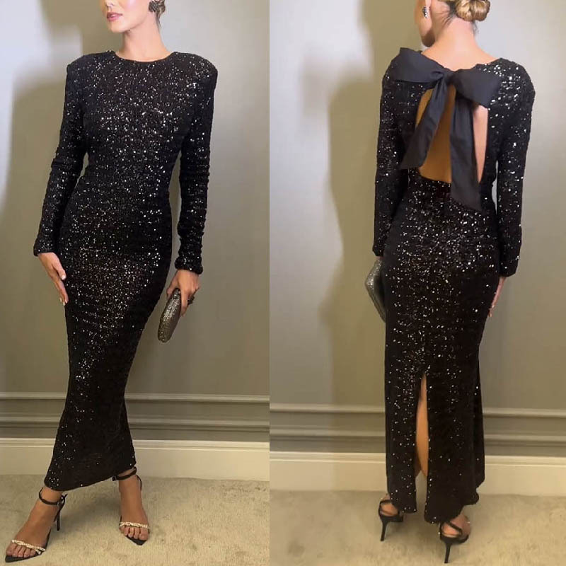 Autumn Winter Sexy Backless Sequined Evening Dress Women