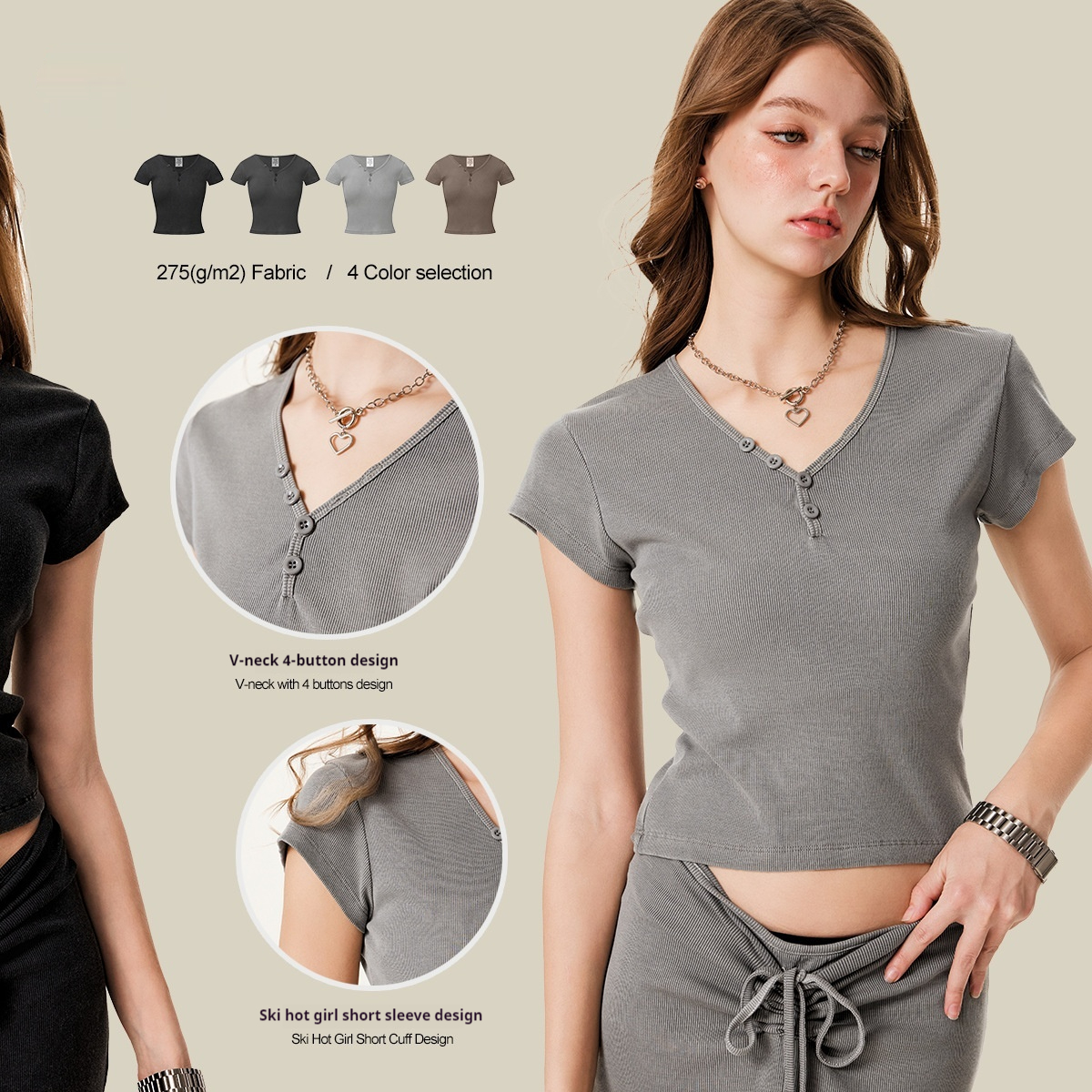 American Retro Design Girl Slim Top Button V-neck Shoulder Short Sleeve