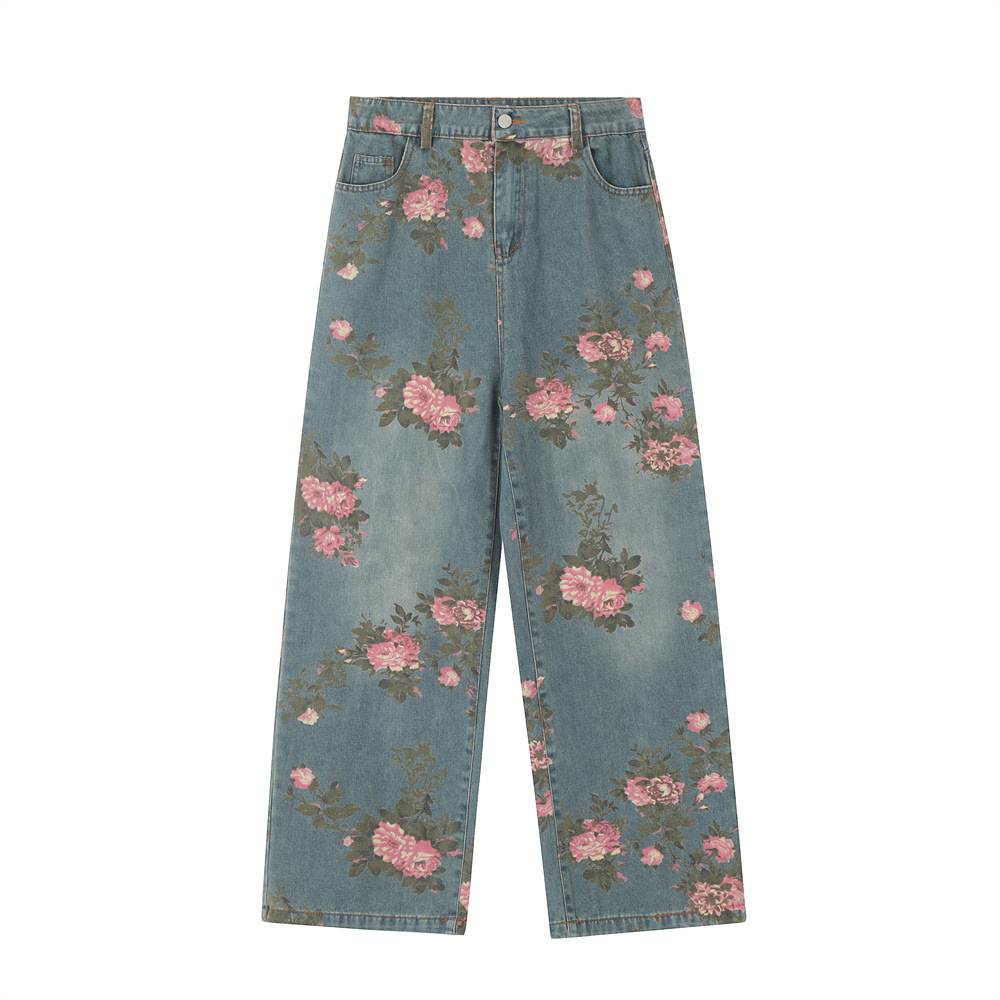 Men's Full Printed Rose Denim Trousers