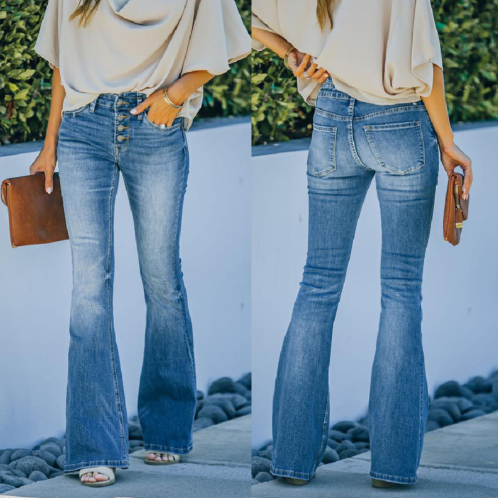 High Waist Bell Bottom Jeans Trendy Wear Washed Out Street Style Women's