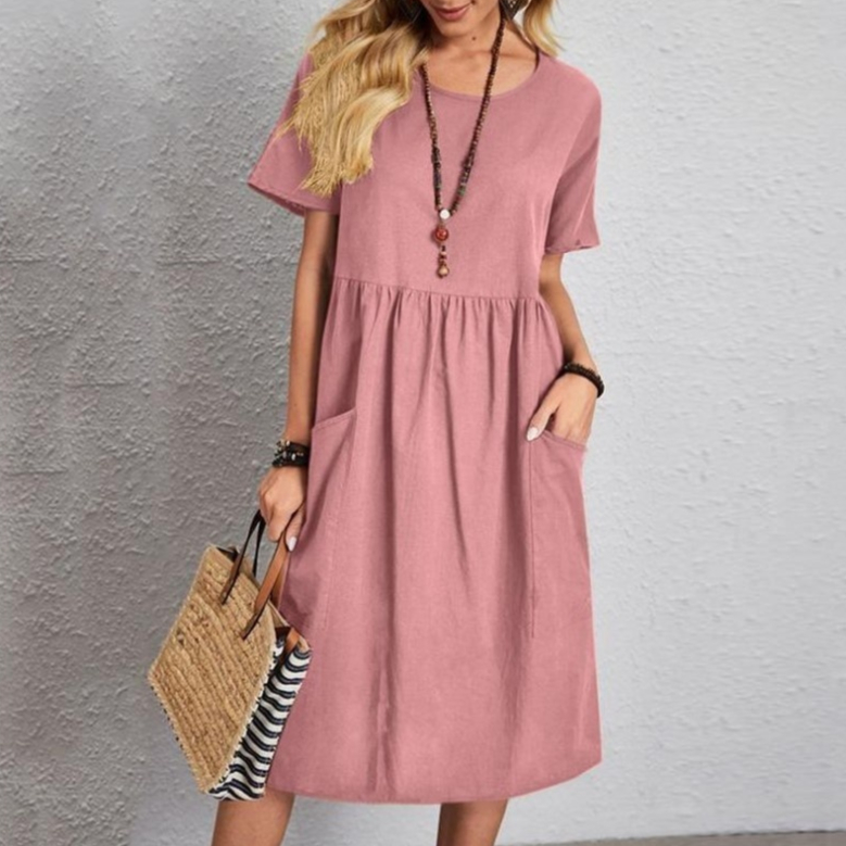 Cotton Linen Round-neck Short Sleeve Pocket Pleated Loose Dress