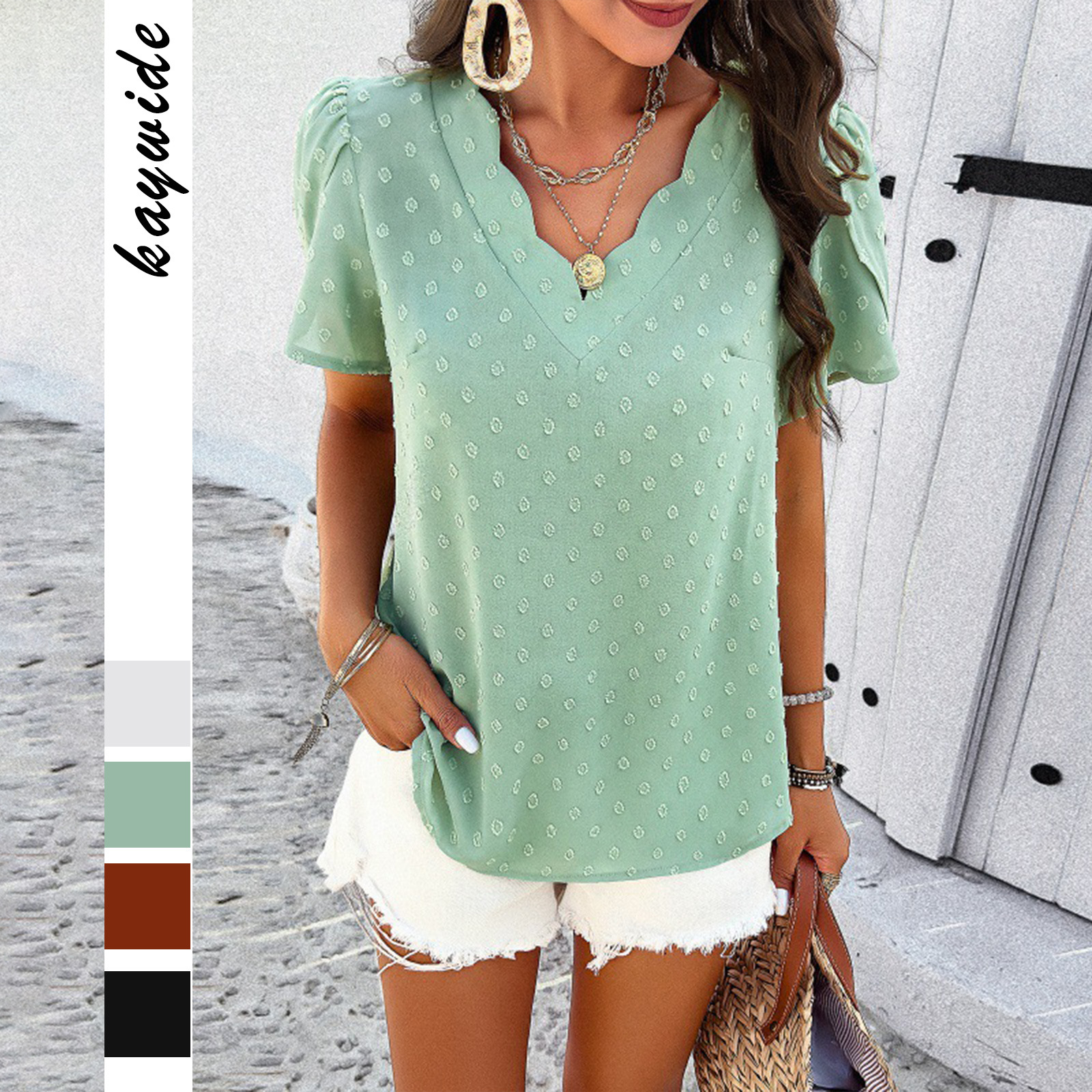 Spring And Summer Leisure Solid Color V-neck Short Sleeve Top