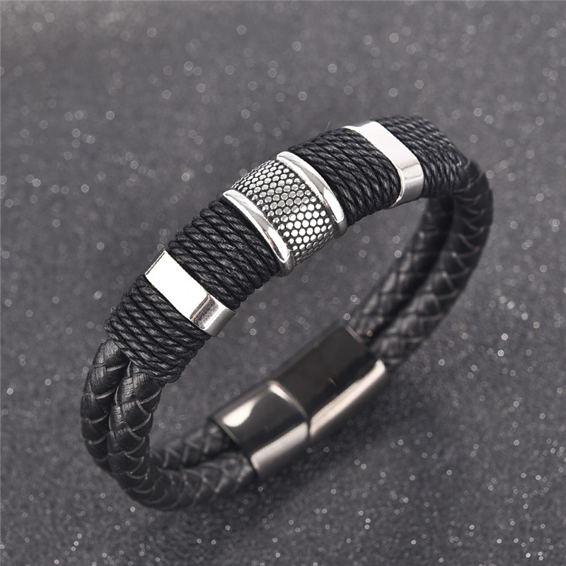 Fashion Black Braid Woven Leather Bracelet Titanium Stainless Steel Men