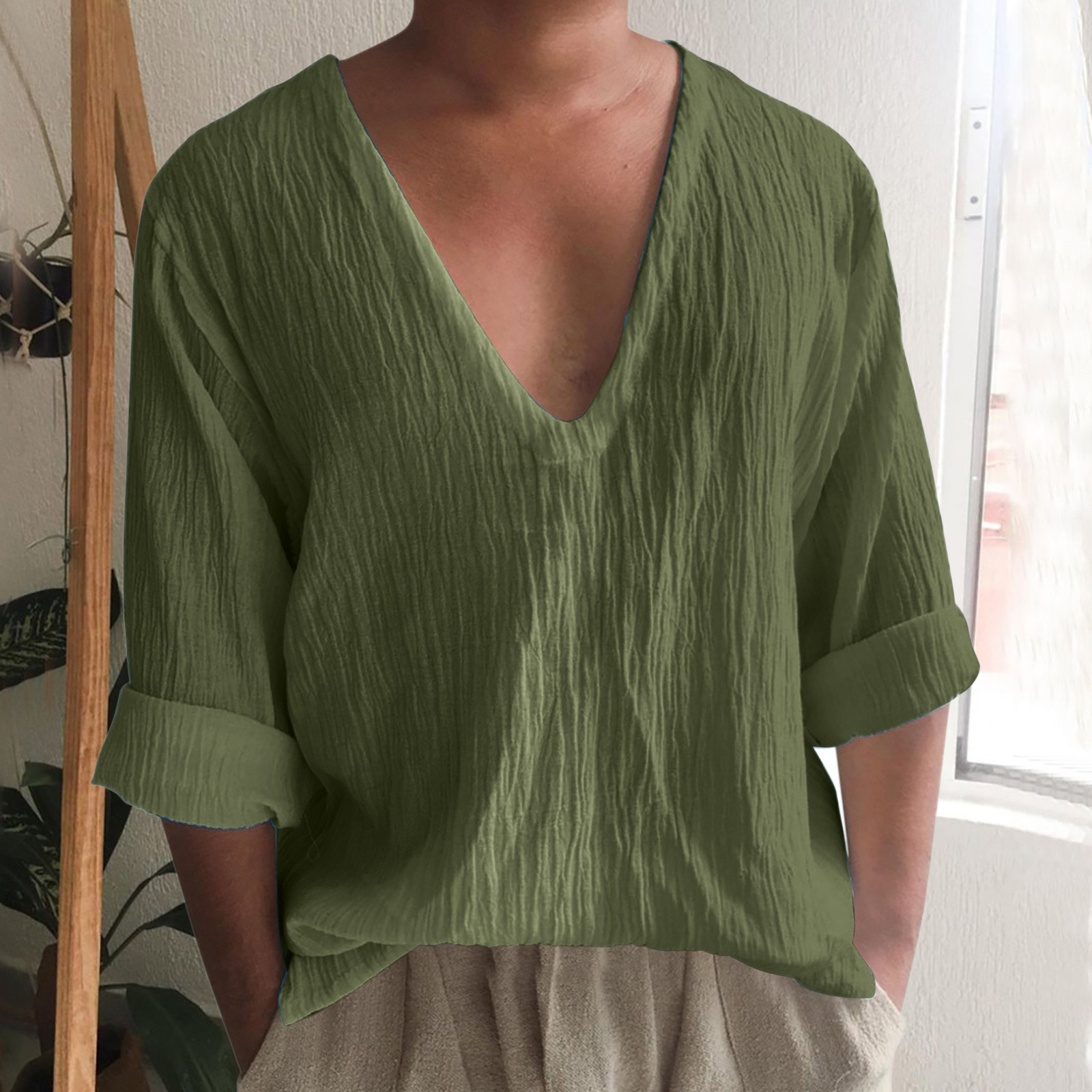 Men's Long Sleeve Solid Color And V-neck Washed Cotton T-shirt
