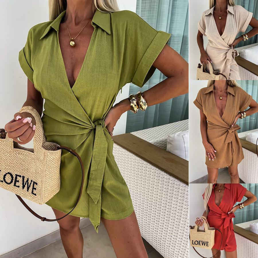 Spring And Summer New Lace-up Turn-down Collar Jumpsuit INS Casual Loose