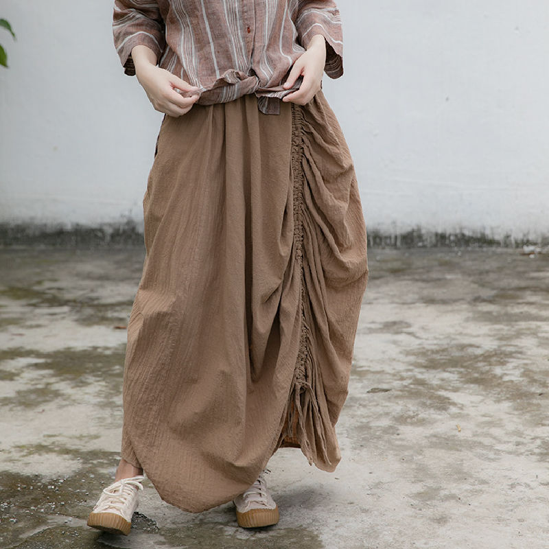 Irregular Drawstring Lace Linen Long Skirt Travel Loose Slimming