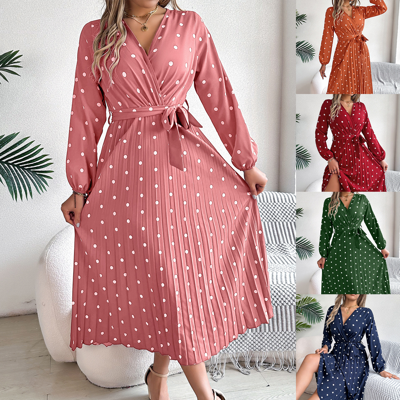 Spring Summer Elegant Long Dress Cross V-neck Contrast Polka Dot Sleeve