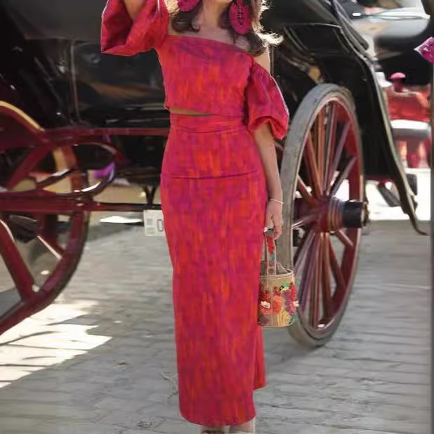 Elegant Bandeau One-shoulder Puff Sleeve Top Mid-length Dress Set