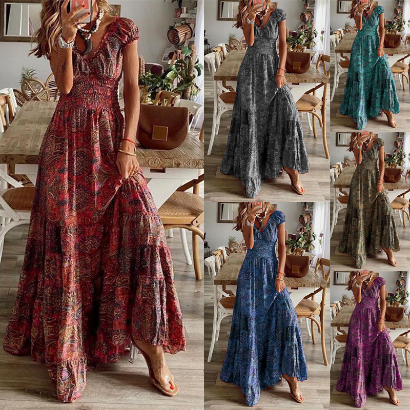 Summer Floral Print A-line Dress Women's Waist-cinching Mid-length