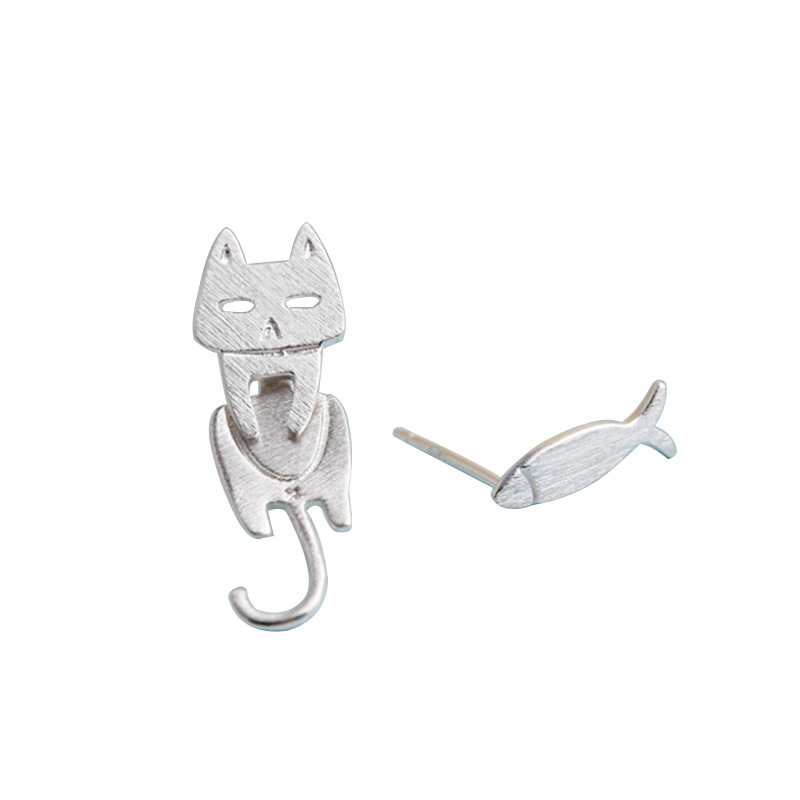 S925 Sterling Silver Stud Earrings Fashion Detachable Cat Fish Pin Studs