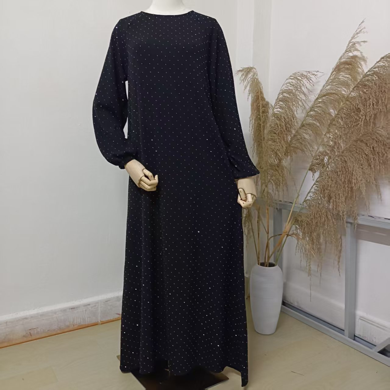 Muslim Rhinestone Dubai Round Neck Pullover Belt Dress