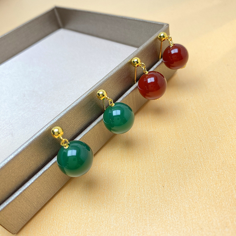 Sterling Silver Natural Green Agate High Stud Earrings Simple Women