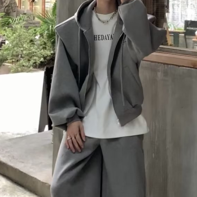 Niche High-end Hooded Loose Thick Shoulder Cardigan Trousers Two-piece
