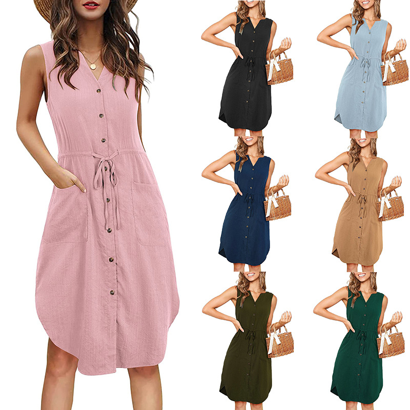 Sleeveless V-neck Buttoned Dress With Pockets Fashion Casual Waist Tie