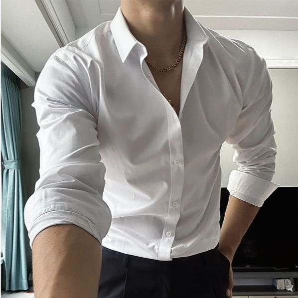 White Shirt Men's Desire-free Lace-up Long Sleeve Casual Large Size