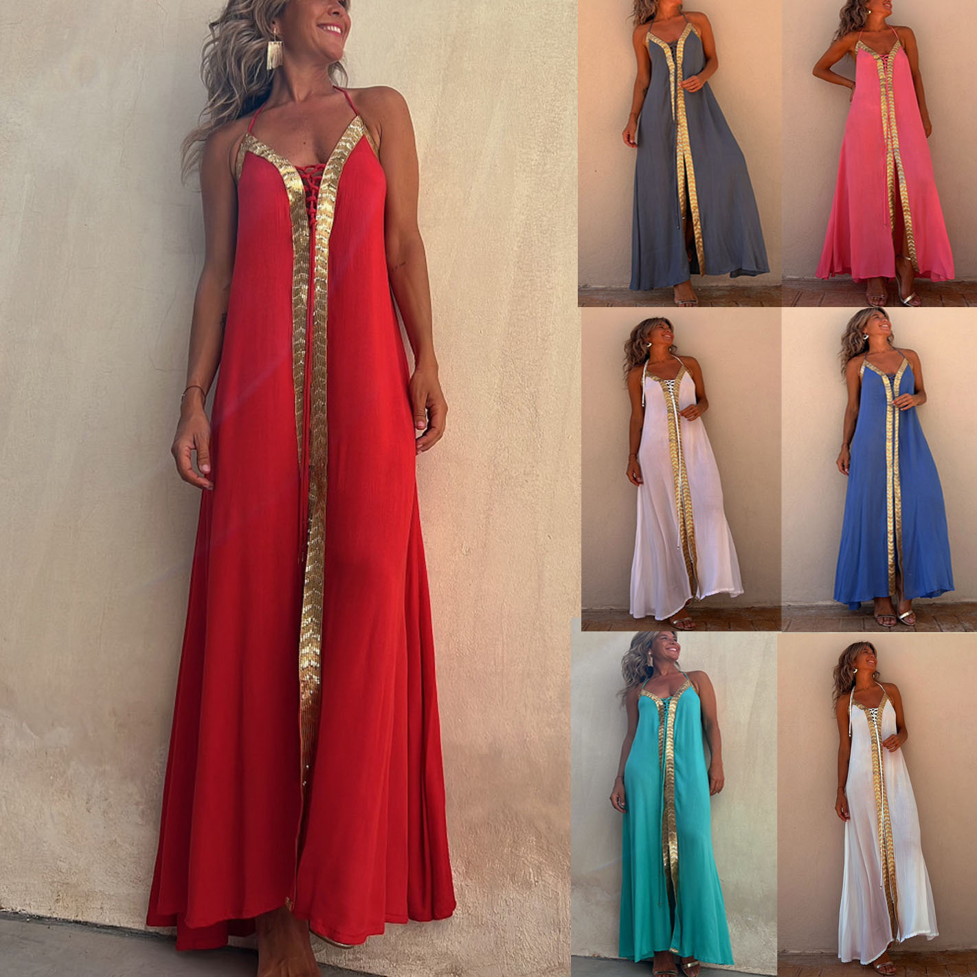 European And American Spring Summer Lace-up Halterneck Dress Leisure