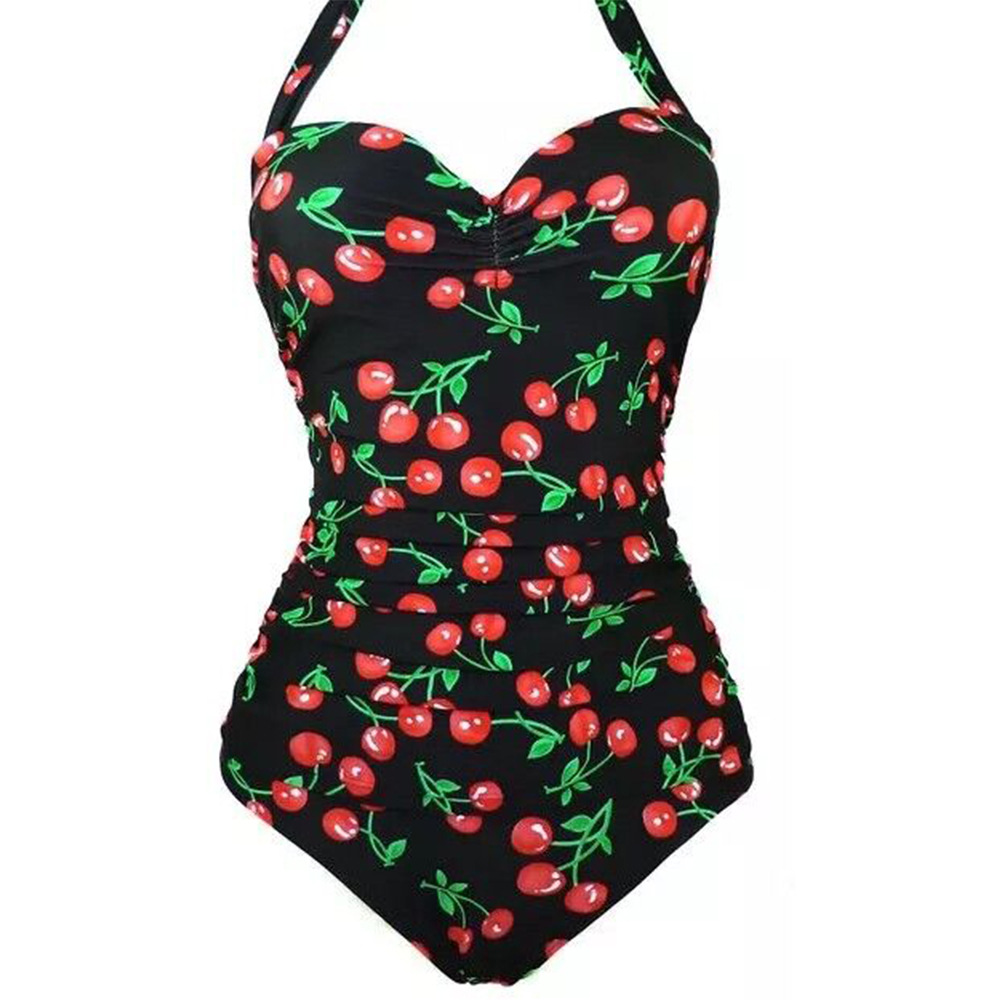 Spring Swimsuit New Sexy Halter Neck Gathered Polka Dot Plus Size