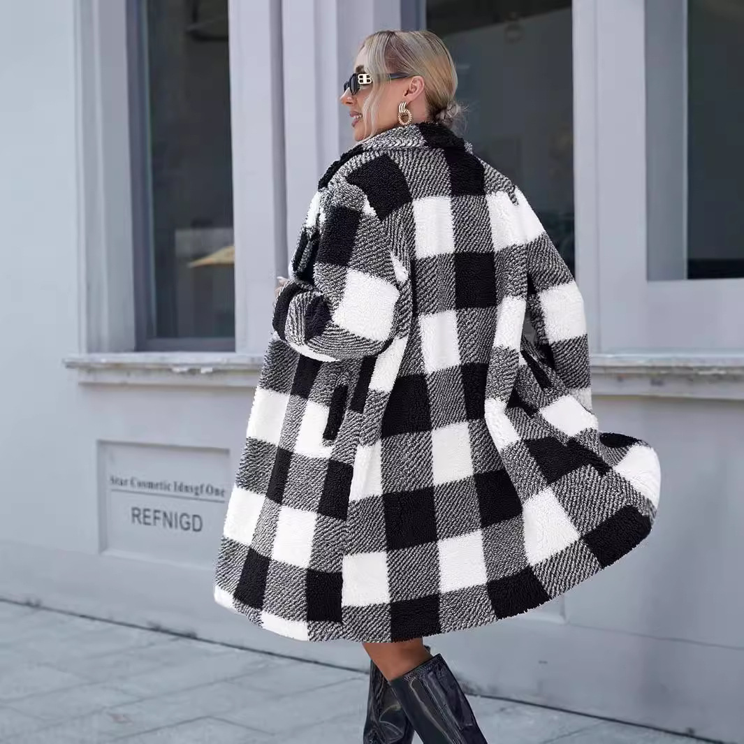 Women's Lapel Long Sleeve Non-buckle Plaid Coat