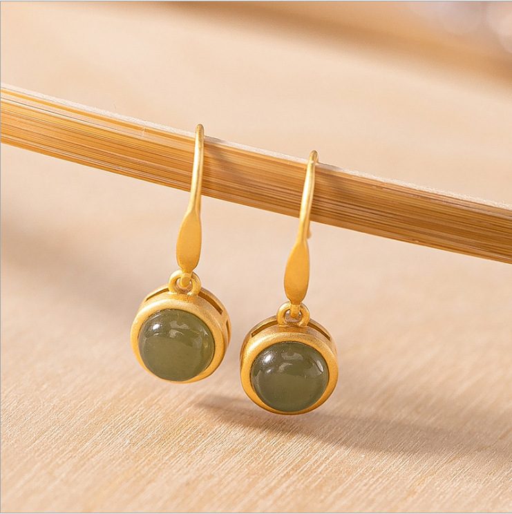 Sterling Silver Gold Plated Hetian Jade Exquisite Earrings Simple