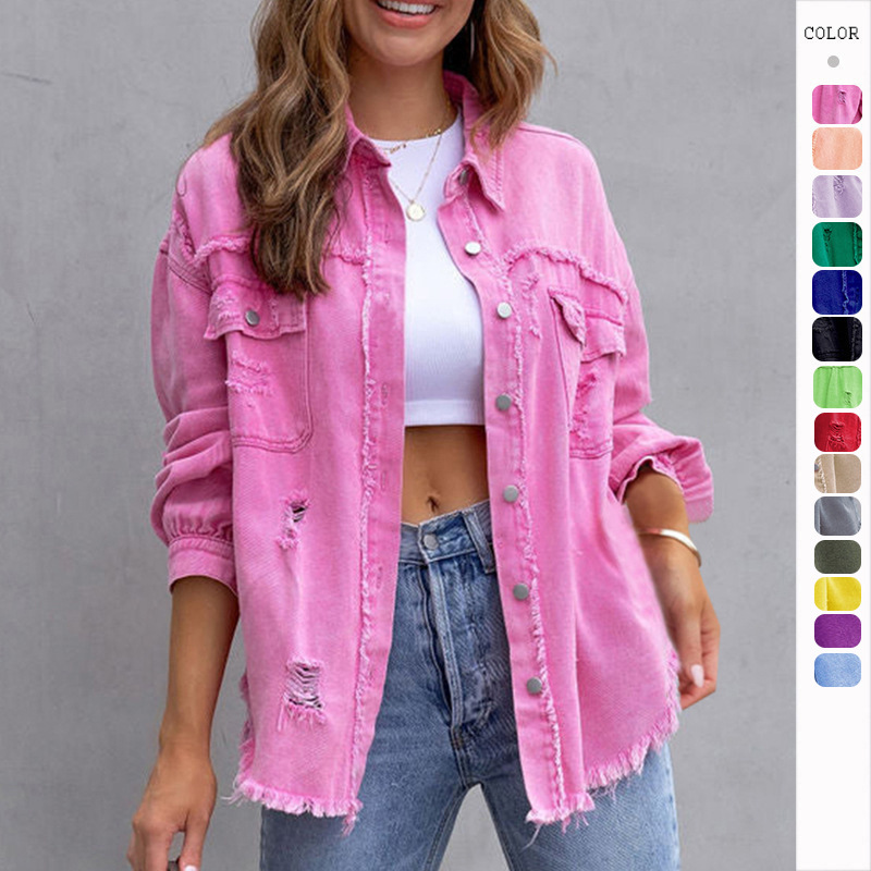 Fashion Ripped Shirt Jacket Female Autumn And Spring Casual Tops Womens