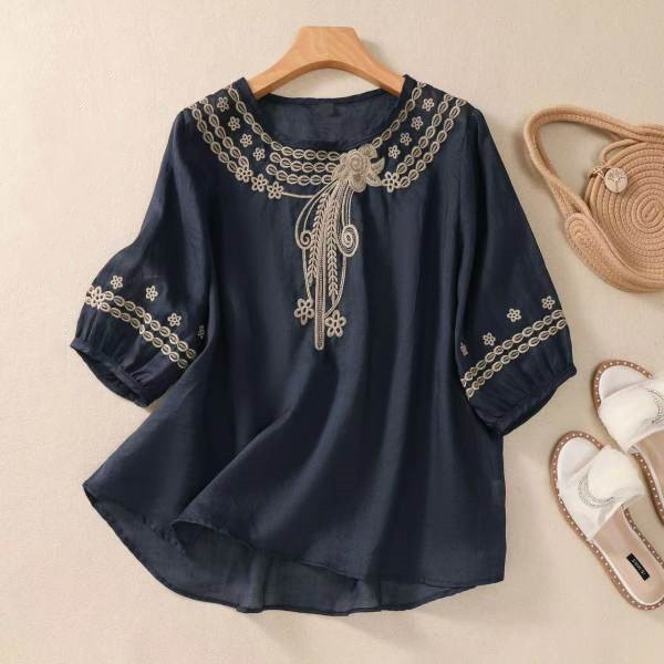 Spring And Summer Loose Artistic Vintage Cotton Linen Embroidered Shirt