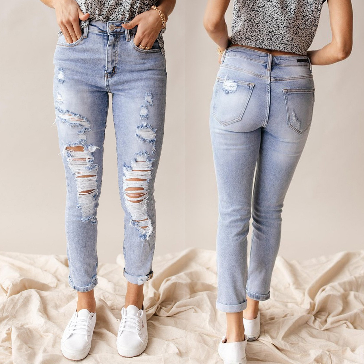 European And American Spring Summer Leisure Fashion Holes High Waist