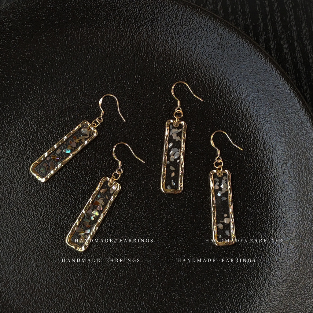 Broken Shell Rectangular Geometric Earrings Handmade Epoxy Face Slimming