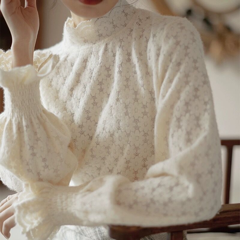 Fleece-lined Thickened Half-high Collar Lace Bottoming Shirt For Women