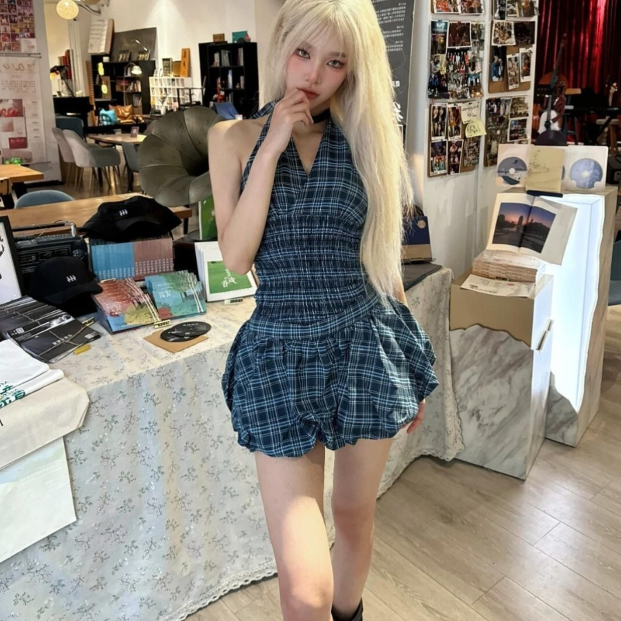 Navy Blue Plaid Top Suit Women