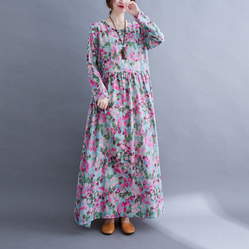 Artistic Retro Cotton And Linen Plus Size Printed Round-neck
