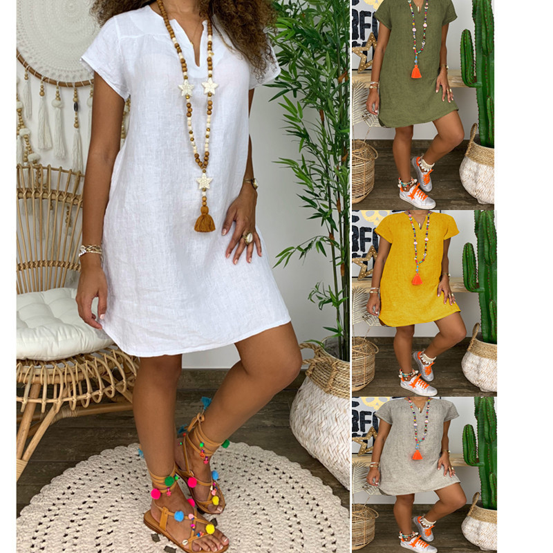 Womens Summer Casual Solid Color V Neck Short Sleeve Dresses Boho Beach