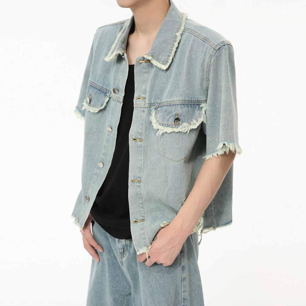 American Pu Shuai Burrs Tassels Broken Hole Design Denim Suit