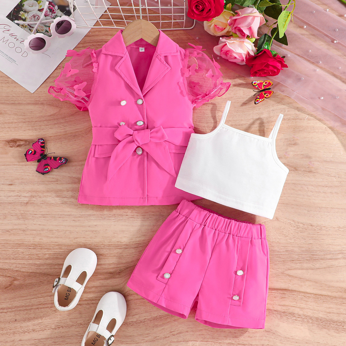 Girls' Suit Top Sling Romper Pants Three-piece