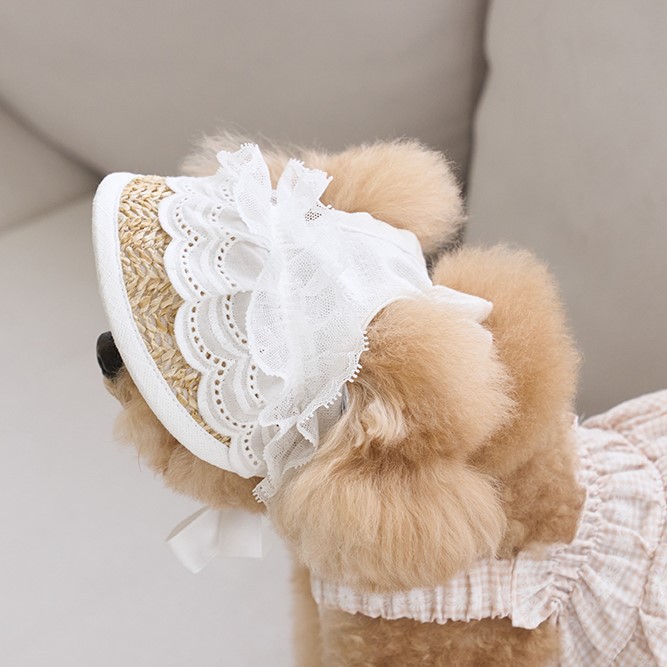 Lace Straw Sun Hat Dog Pet Rope Pig Nose Button Adjustable