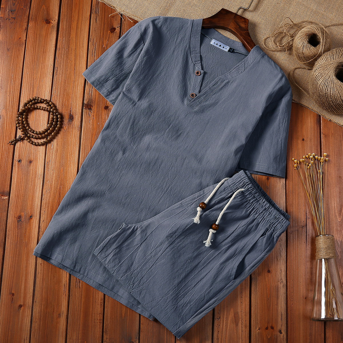 Cotton And Linen Two-piece Buckle Suit Casual V-neck Set